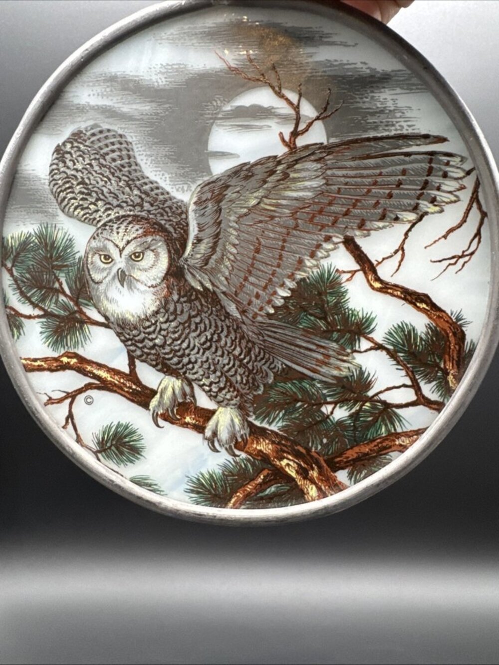 HEAVY MILKGLASS HAND PAINTED OWL SUN CATCHER IN PEWTER FRAME